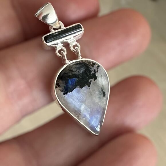 Natural Black Tourmaline In Rainbow Moonstone Sterling Silver Pendant - Picture 3 of 13